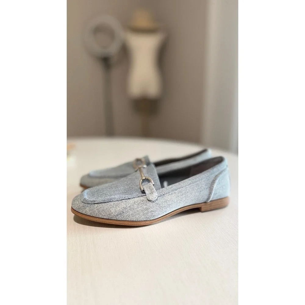 Falls Creek Carrie Denim Horsebit Loafers Light Blue Square Toe Flats Womens 8.5